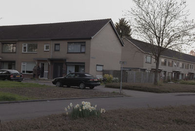 Cars on road by houses against clear sky