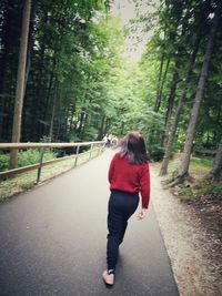 Rear view of woman walking on footpath in forest