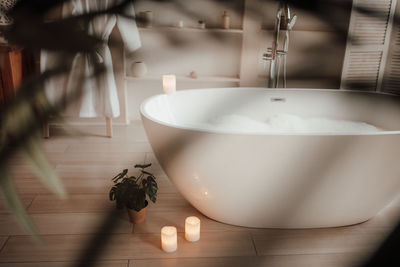 High angle view of woman in bathtub