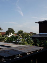 Plants and trees by building against sky