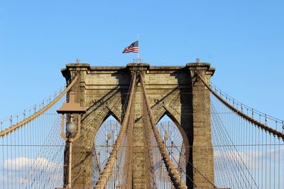 Low angle view of suspension bridge against clear sky