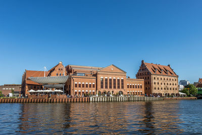 River by buildings against blue sky
