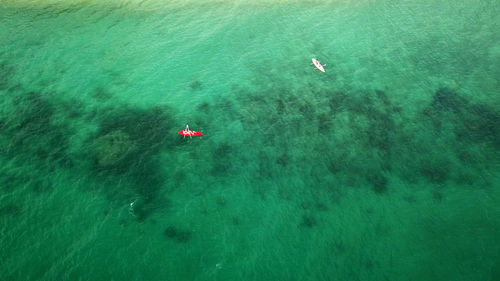 High angle view of people swimming in sea