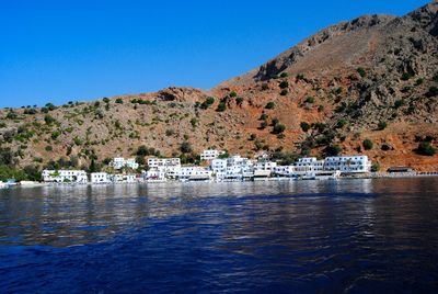 Scenic view of sea against clear blue sky