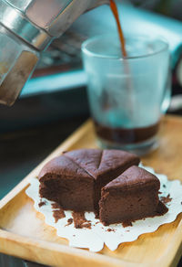 Close-up of cake served on table