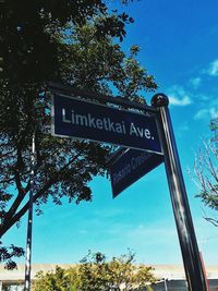 Low angle view of information sign against blue sky