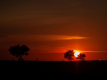 Silhouette trees on field against romantic sky at sunset