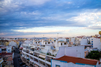 High angle view of buildings against sky