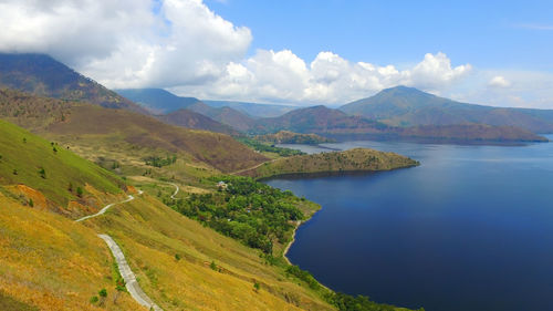 Scenic view of landscape and mountains against sky