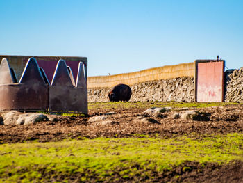 Built structure on field against clear sky