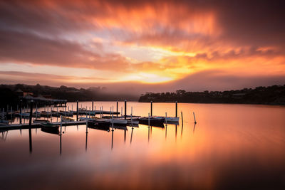 Sailboats moored in marina at sunset