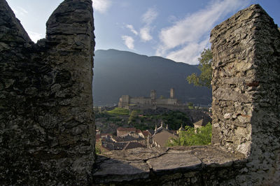 Panoramic view of buildings and mountains against sky