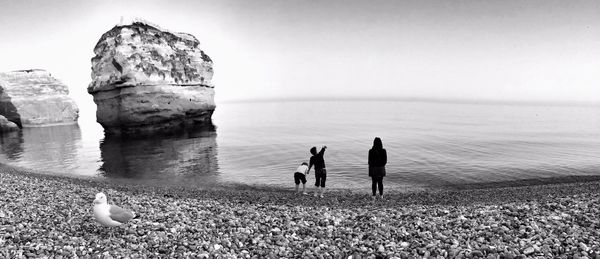 Mother with sons standing at sea shore against clear sky