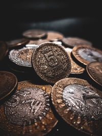 High angle view of coins on table