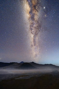 Scenic view of mountains against sky at night