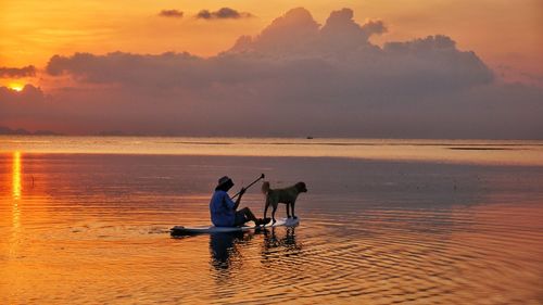 Man and dog on surfboard during sunset