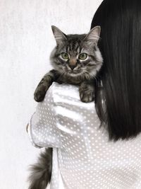 Rear view of woman carrying cat against wall