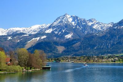 Scenic view of lake and mountains against sky