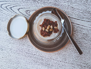 High angle view of breakfast on table