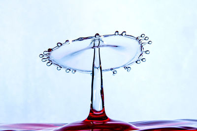 Close-up of water drops on glass against blue sky