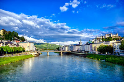 Bridge over river with buildings in background