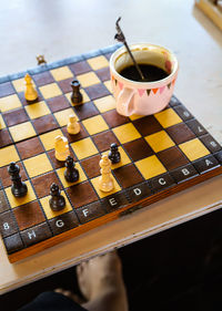 High angle view of coffee cup on table