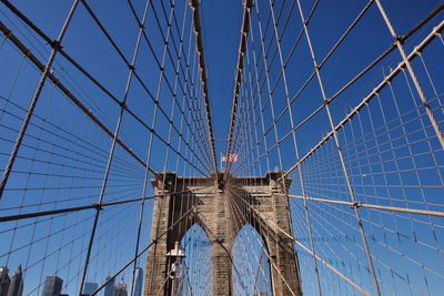 Low angle view of brooklyn bridge against clear sky