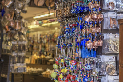 High angle view of decoration hanging at market