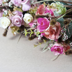 High angle view of pink rose bouquet