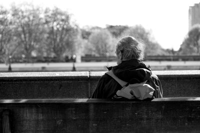 Rear view of man sitting on bench