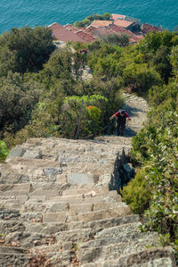 People on rock by mountain