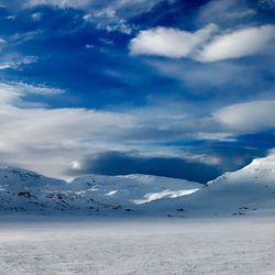 Scenic view of snow covered landscape against sky