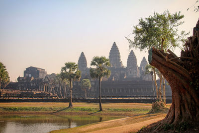 Panoramic view of temple building against clear sky