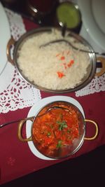 High angle view of meal served on table