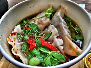 High angle view of duck gyoza in bowl