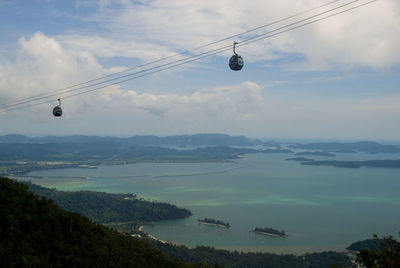 Overhead cable car over sea against sky