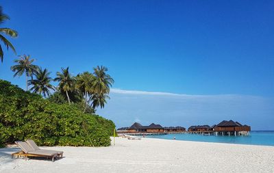 Scenic view of beach against clear blue sky