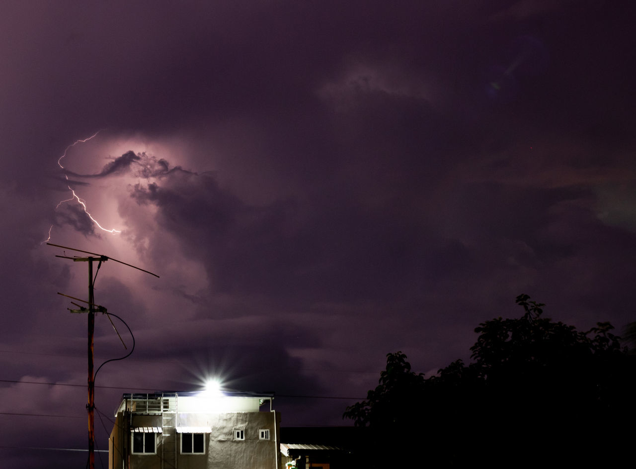 LOW ANGLE VIEW OF ILLUMINATED BUILDING AGAINST SKY