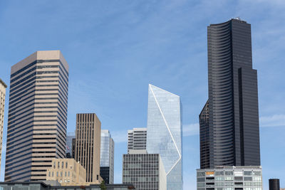 Financial district buildings in downtown seattle under blue sky.