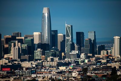 View of modern buildings in san francisco against sky from bernal heights. 