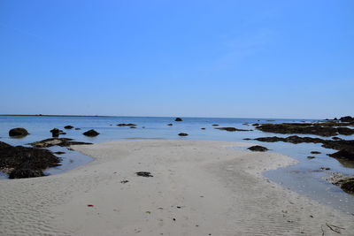 Scenic view of beach against clear blue sky