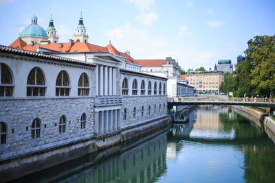 Ljubljana cathedral and buildings by canal against sky