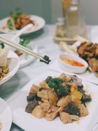 Close-up of food served in plate on table