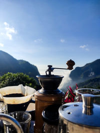 Potted plant on table against sky