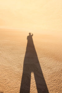 Shadow of man on sand in desert