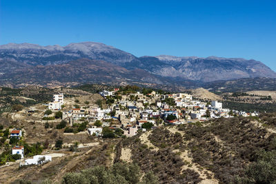 High angle view of town against clear blue sky
