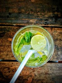 High angle view of drink on table