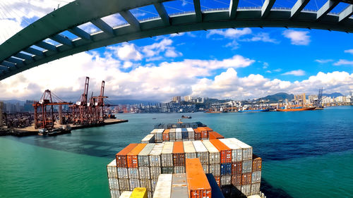 Container ship loading and unloading in sea port,hong kong