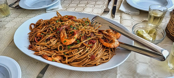 High angle view of food in plate on table