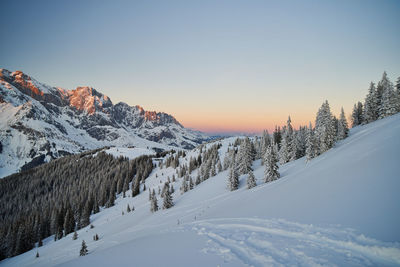 Sunset in the snowy alps in pastellic colors